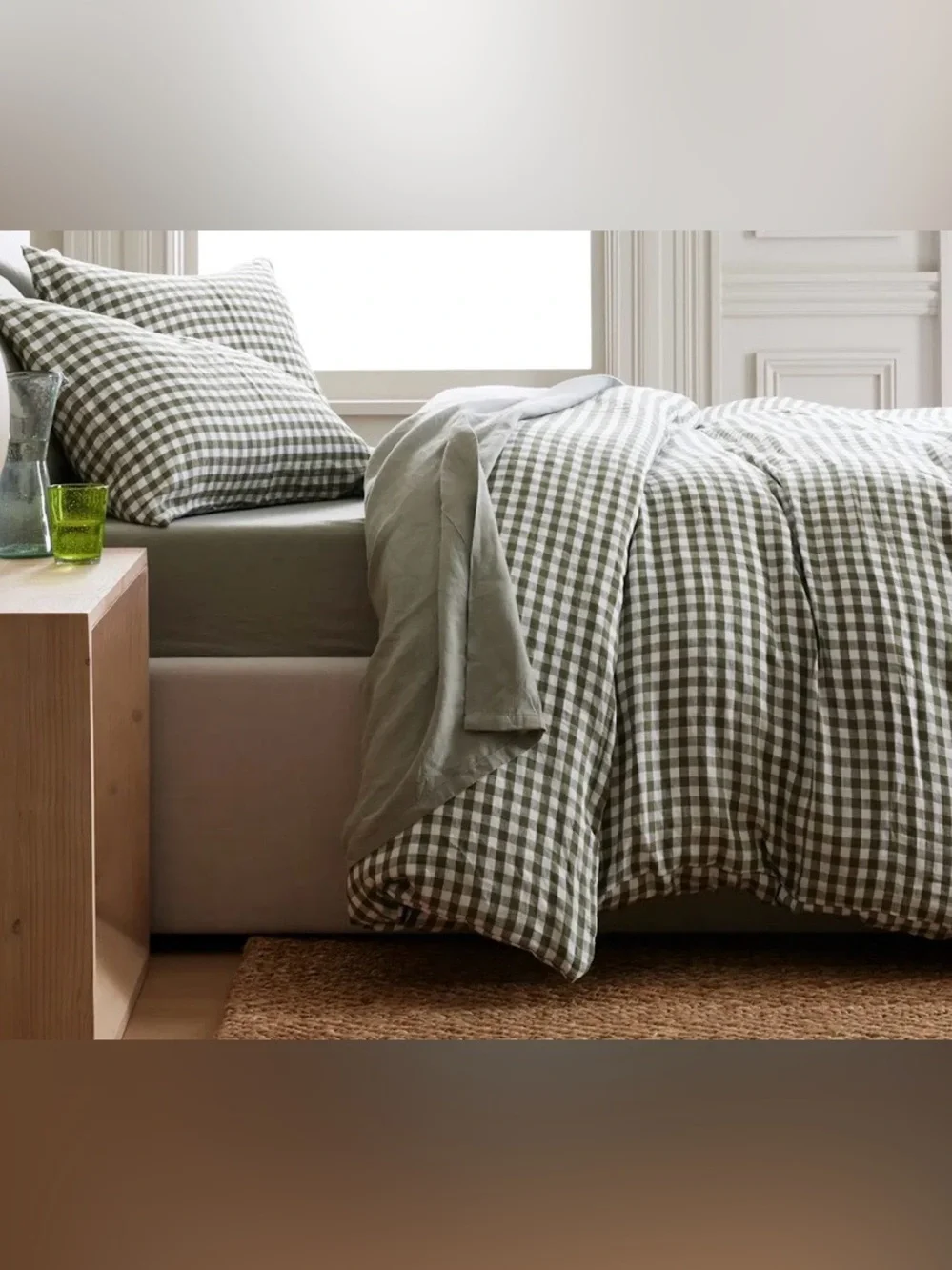 NWT Quince European Linen Gingham 3 Pc Duvet Cover Set, King/Cal (Olive)